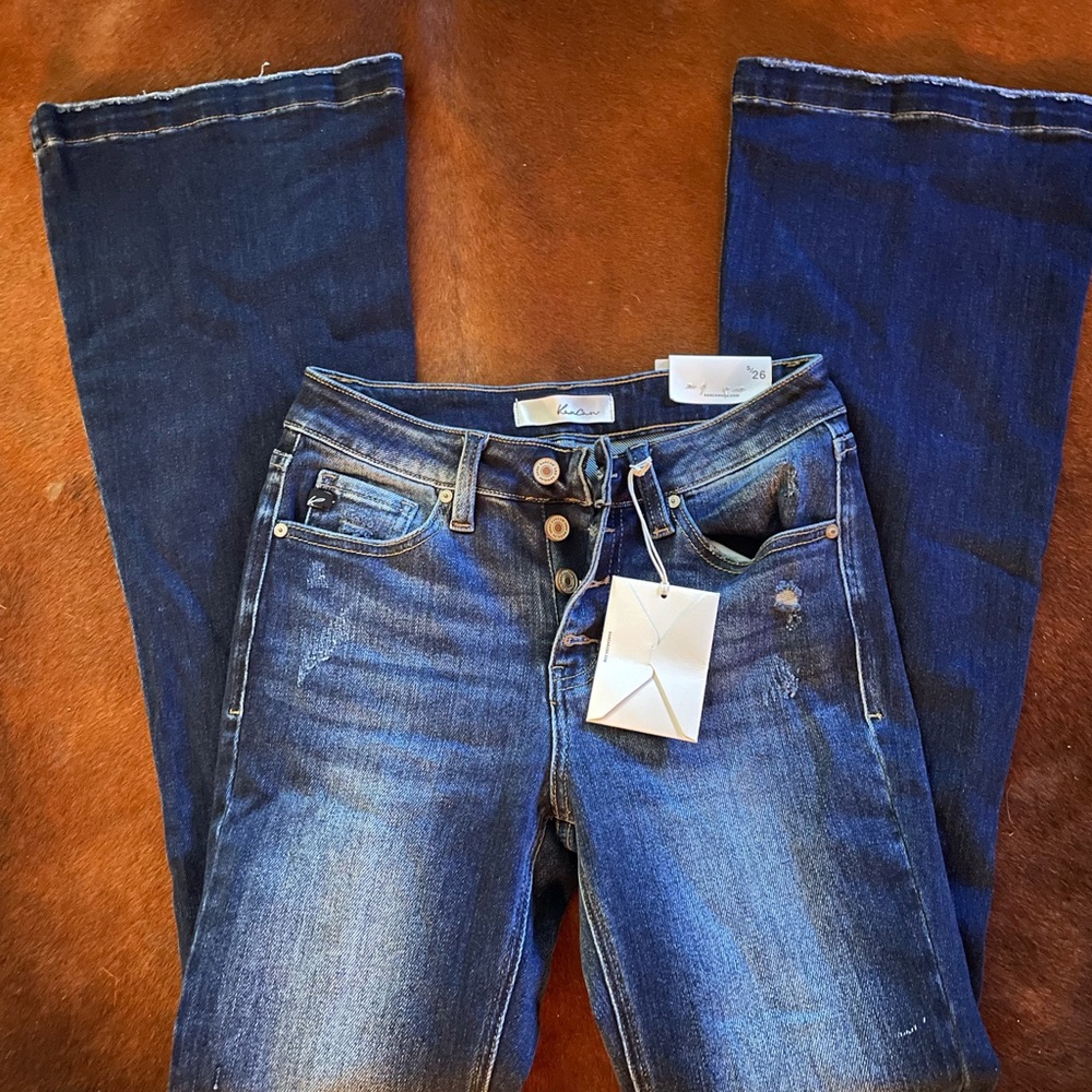Kancan button fly flare leg distressed dark wash jean stretch brand new tags